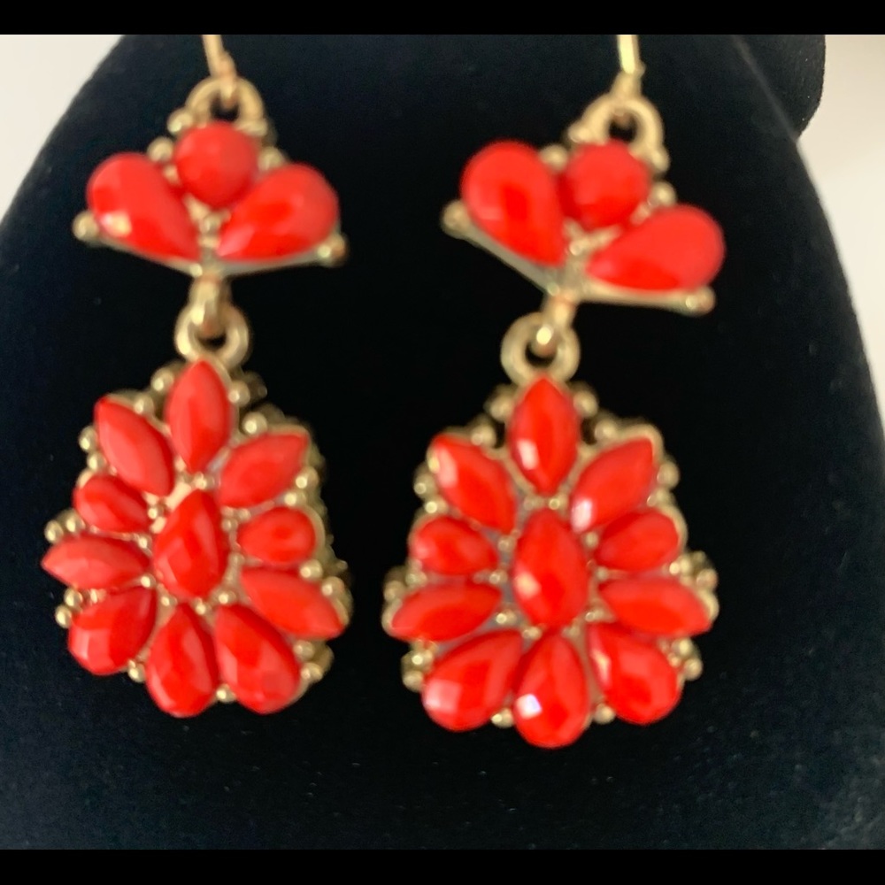 Marquise Red Stones with Gold Colored Background Drops Earrings - Picture 3 of 6